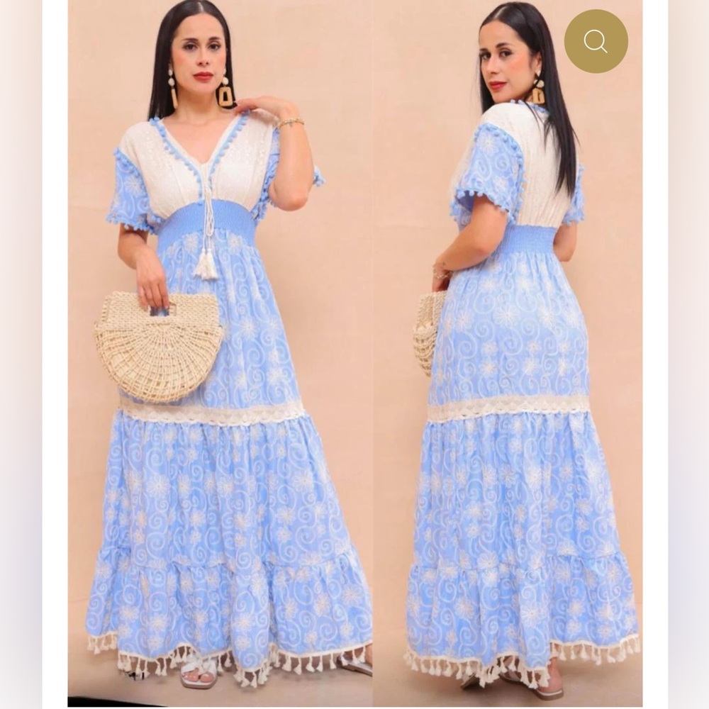 Blue and White Ruffled Tie Front Maxi Sundress